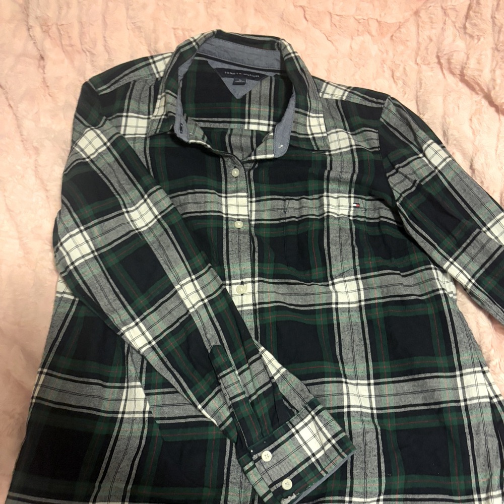 Tommy Hilfiger green plaid flannel